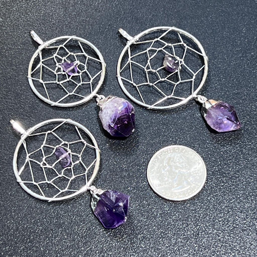 Dreamcatcher Pendant (Amethyst Crystal)(Silver Plated) Gemstone Jewelry