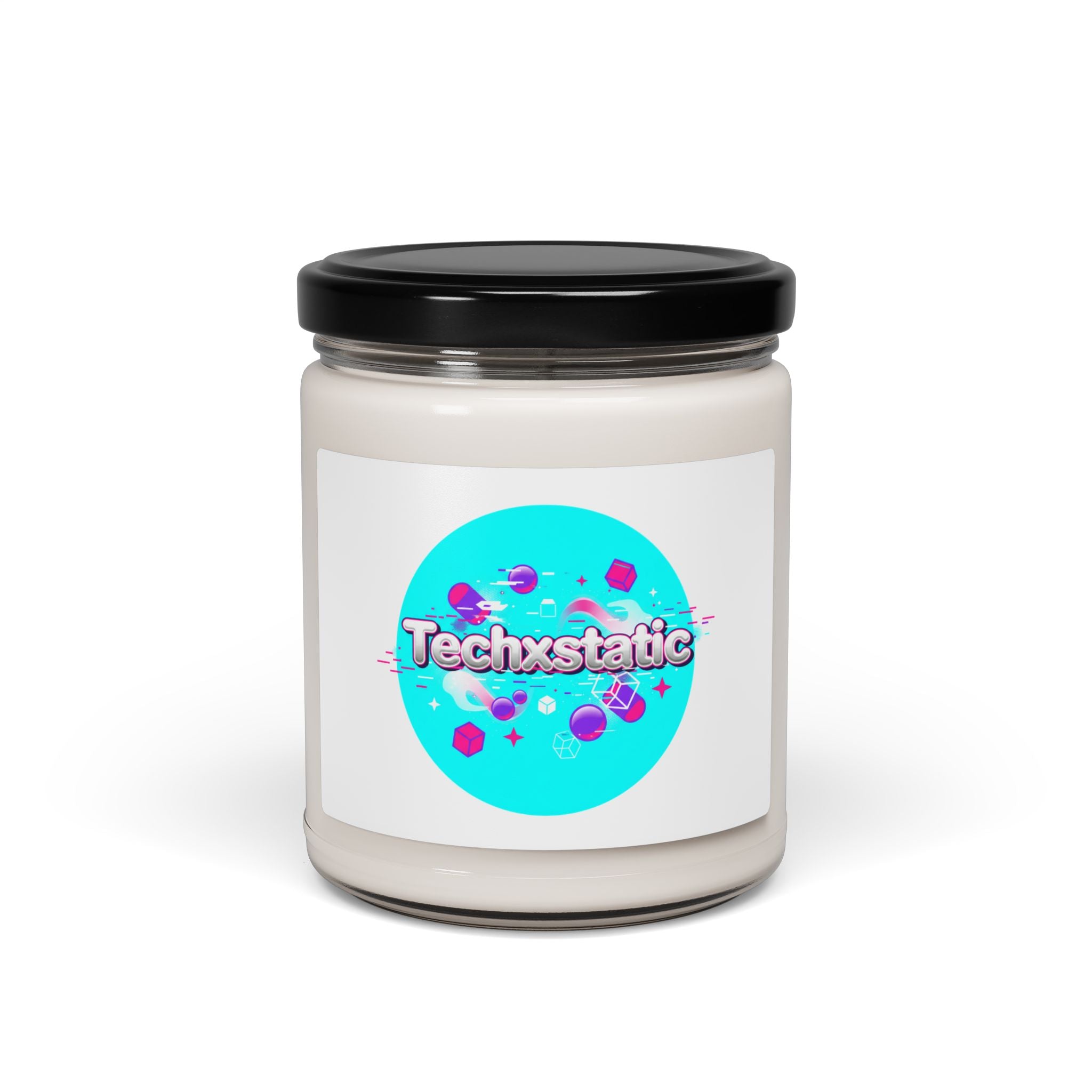 Techxstatic Candle | Y2K Cyber Holo Soy Candle, Retro Tech Chrome Text