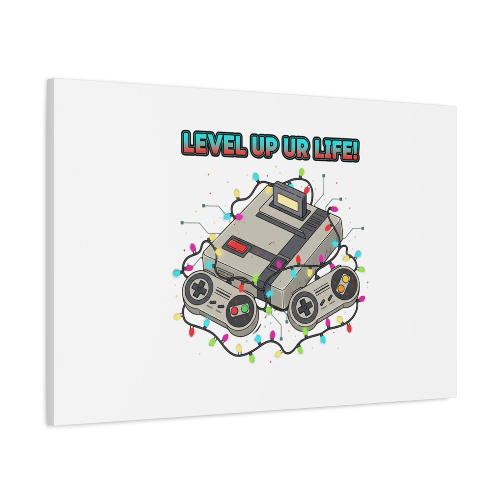 Level Up UR Life Canvas | Gamer Wall Art, Retro Controller, Holiday Lights