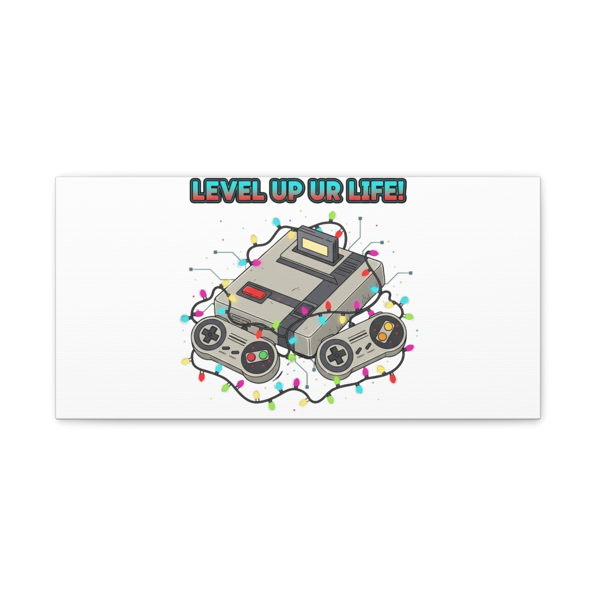 Level Up UR Life Canvas | Gamer Wall Art, Retro Controller, Holiday Lights