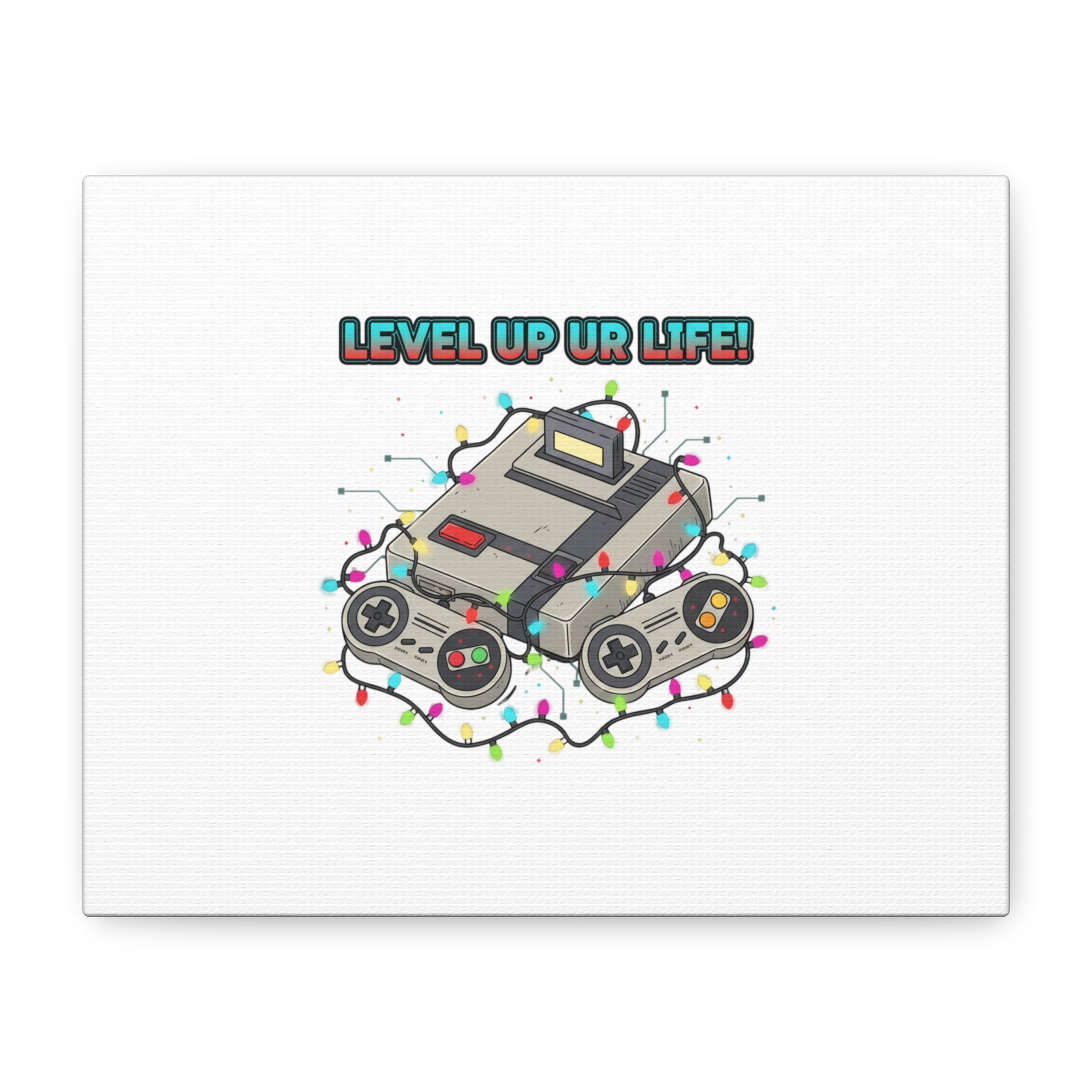Level Up UR Life Canvas | Gamer Wall Art, Retro Controller, Holiday Lights
