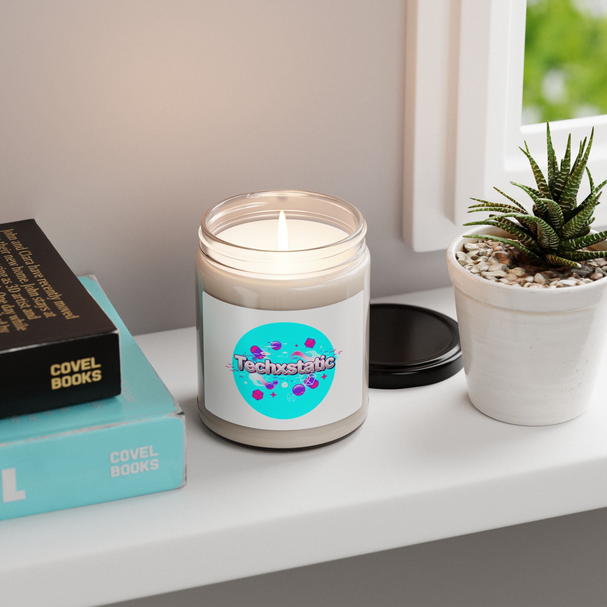 Techxstatic Candle | Y2K Cyber Holo Soy Candle, Retro Tech Chrome Text