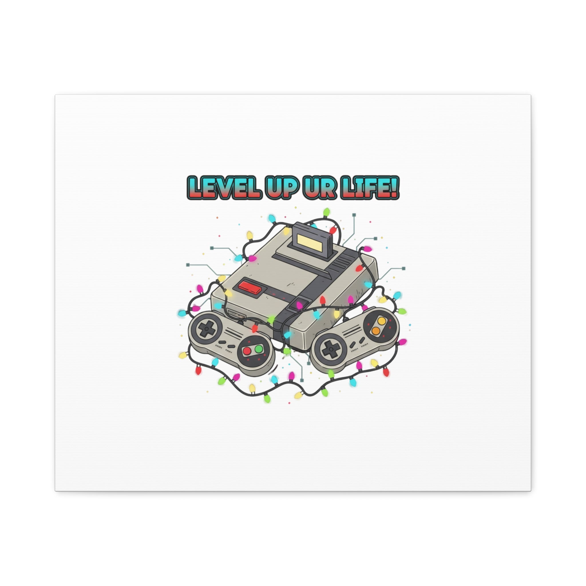 Level Up UR Life Canvas | Gamer Wall Art, Retro Controller, Holiday Lights