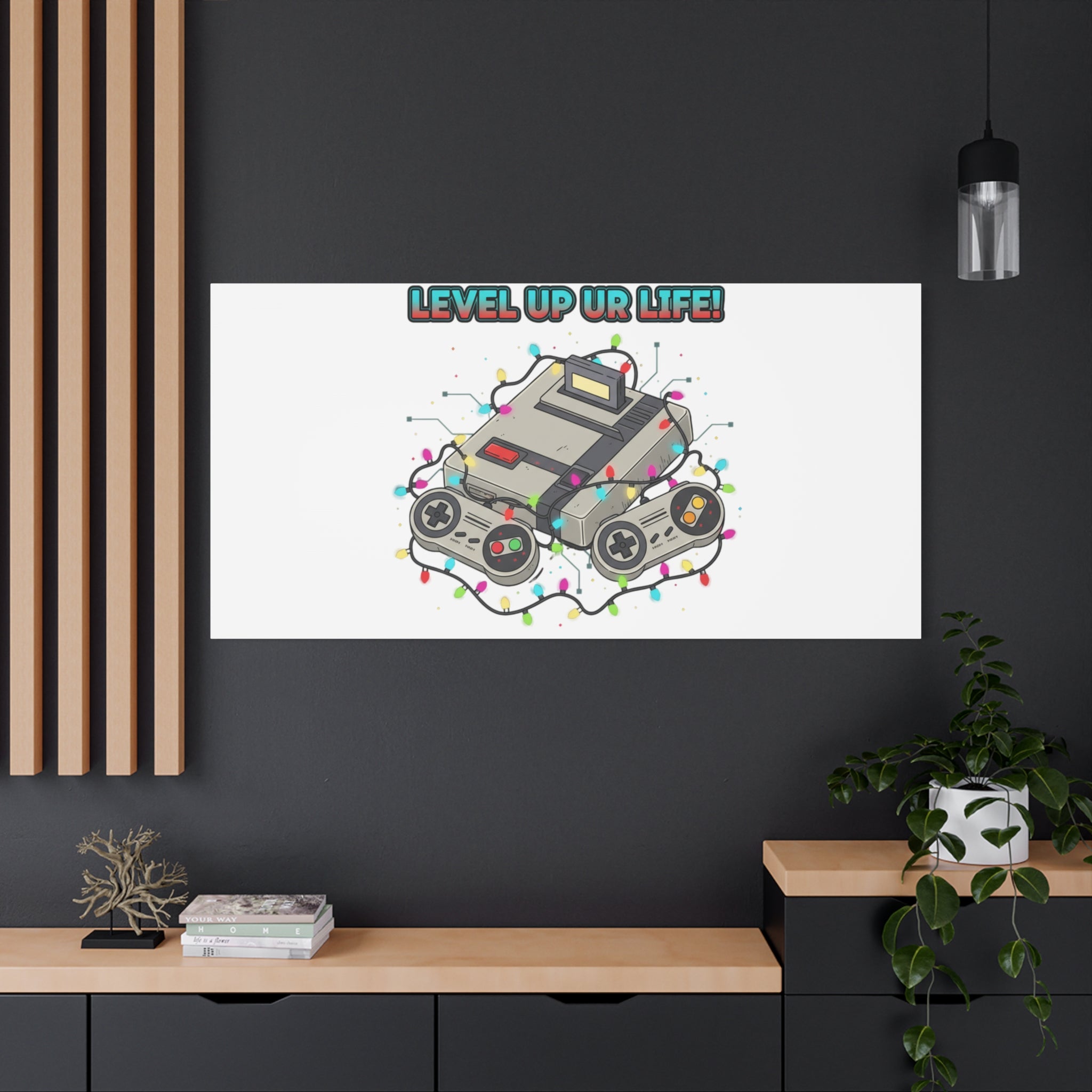 Level Up UR Life Canvas | Gamer Wall Art, Retro Controller, Holiday Lights