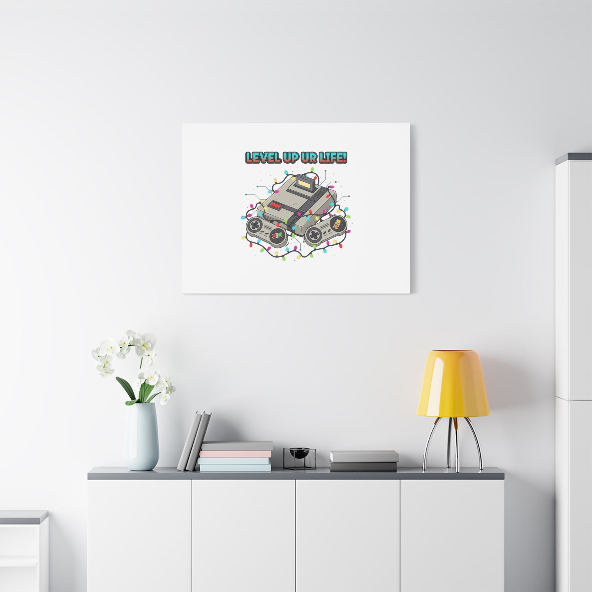 Level Up UR Life Canvas | Gamer Wall Art, Retro Controller, Holiday Lights