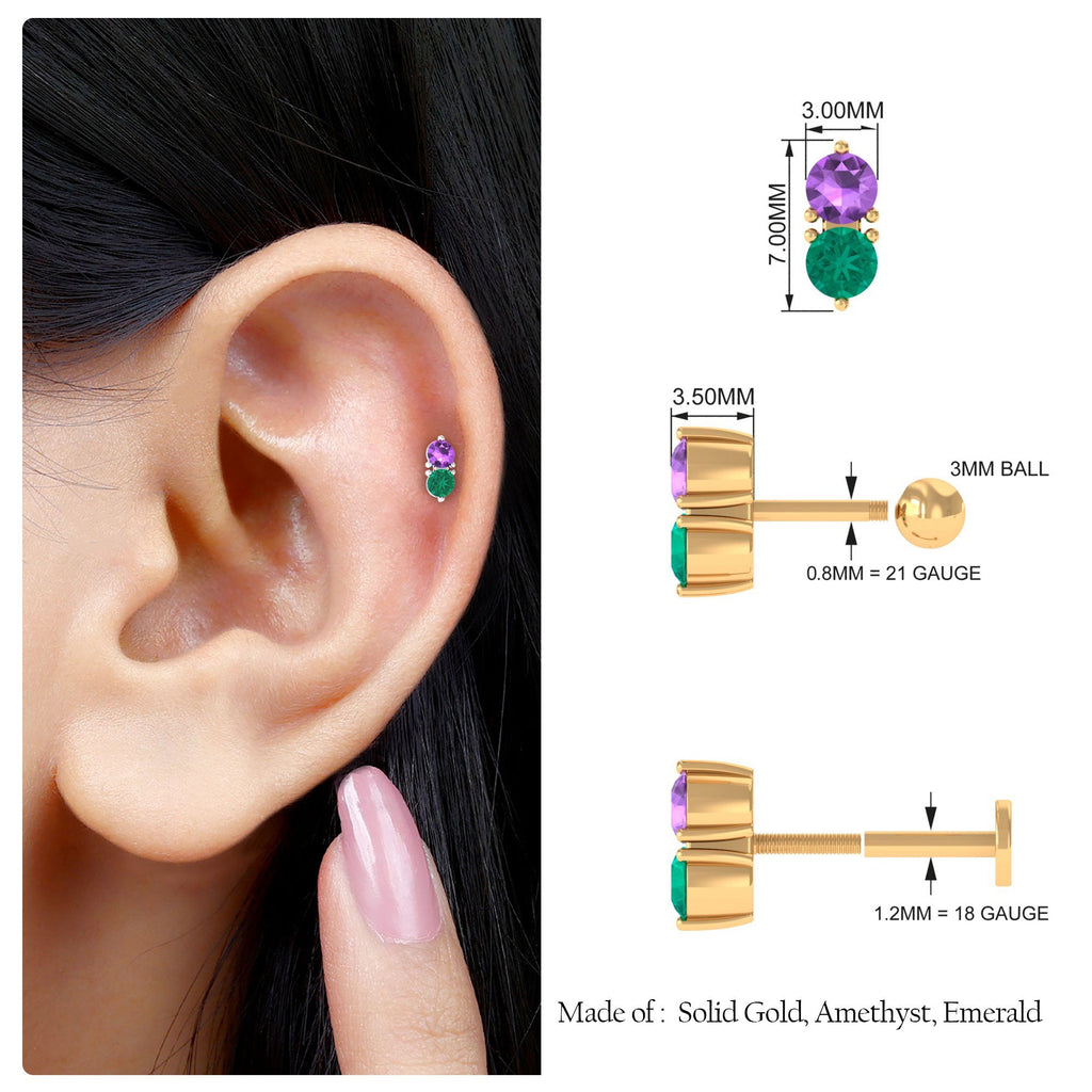 Amethyst and Emerald Two Stone Helix Earring