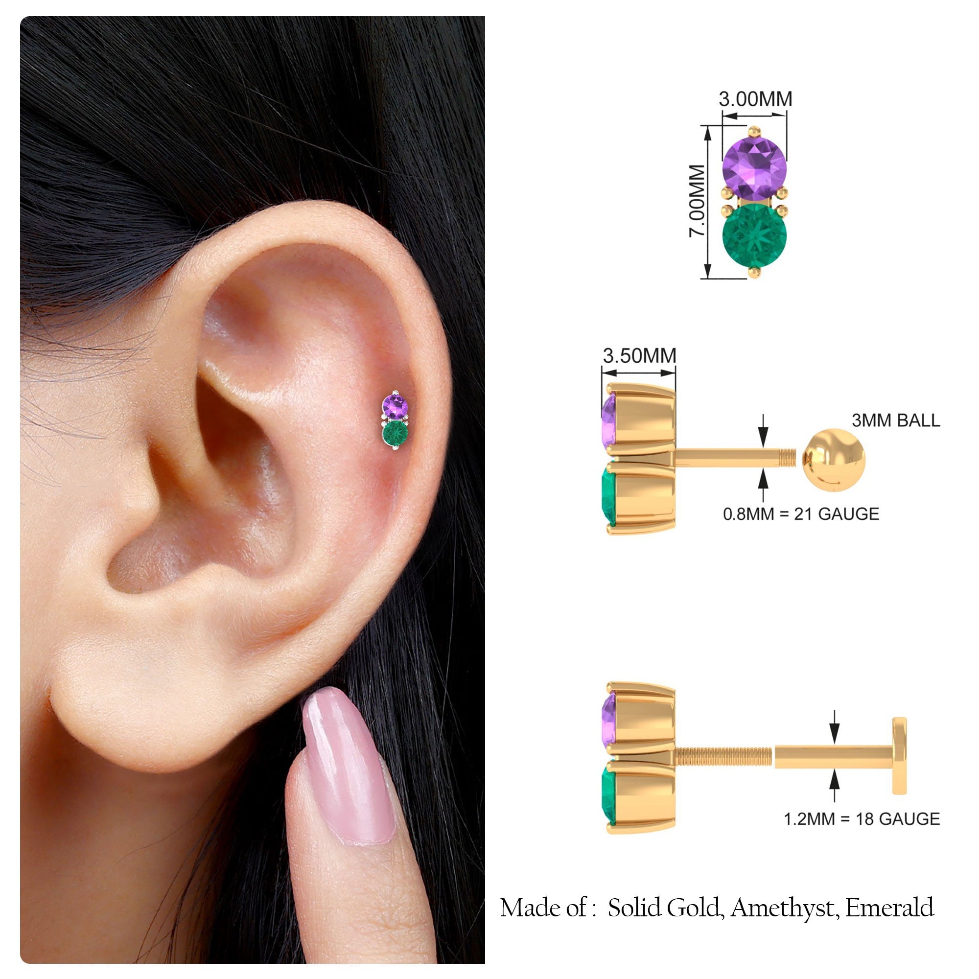 Amethyst and Emerald Two Stone Helix Earring