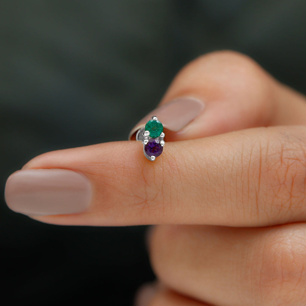 Amethyst and Emerald Two Stone Helix Earring