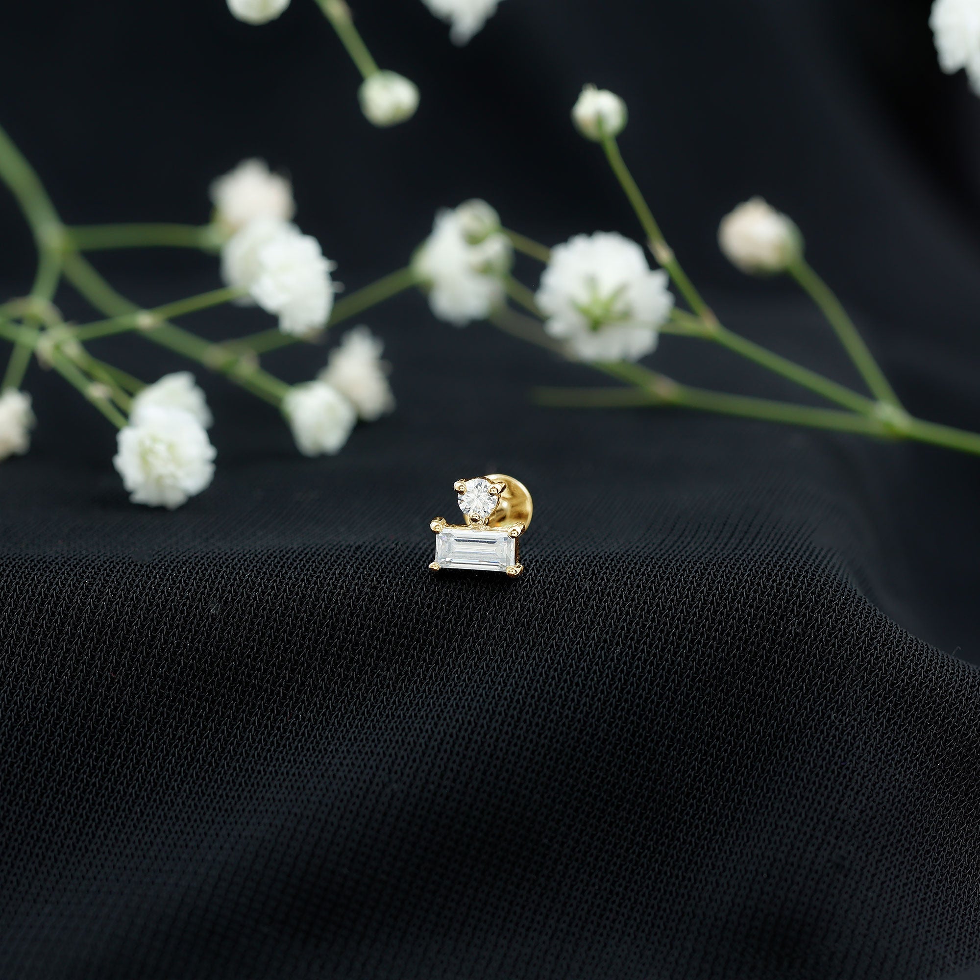 Baguette and Round Cut Moissanite Tragus Earring