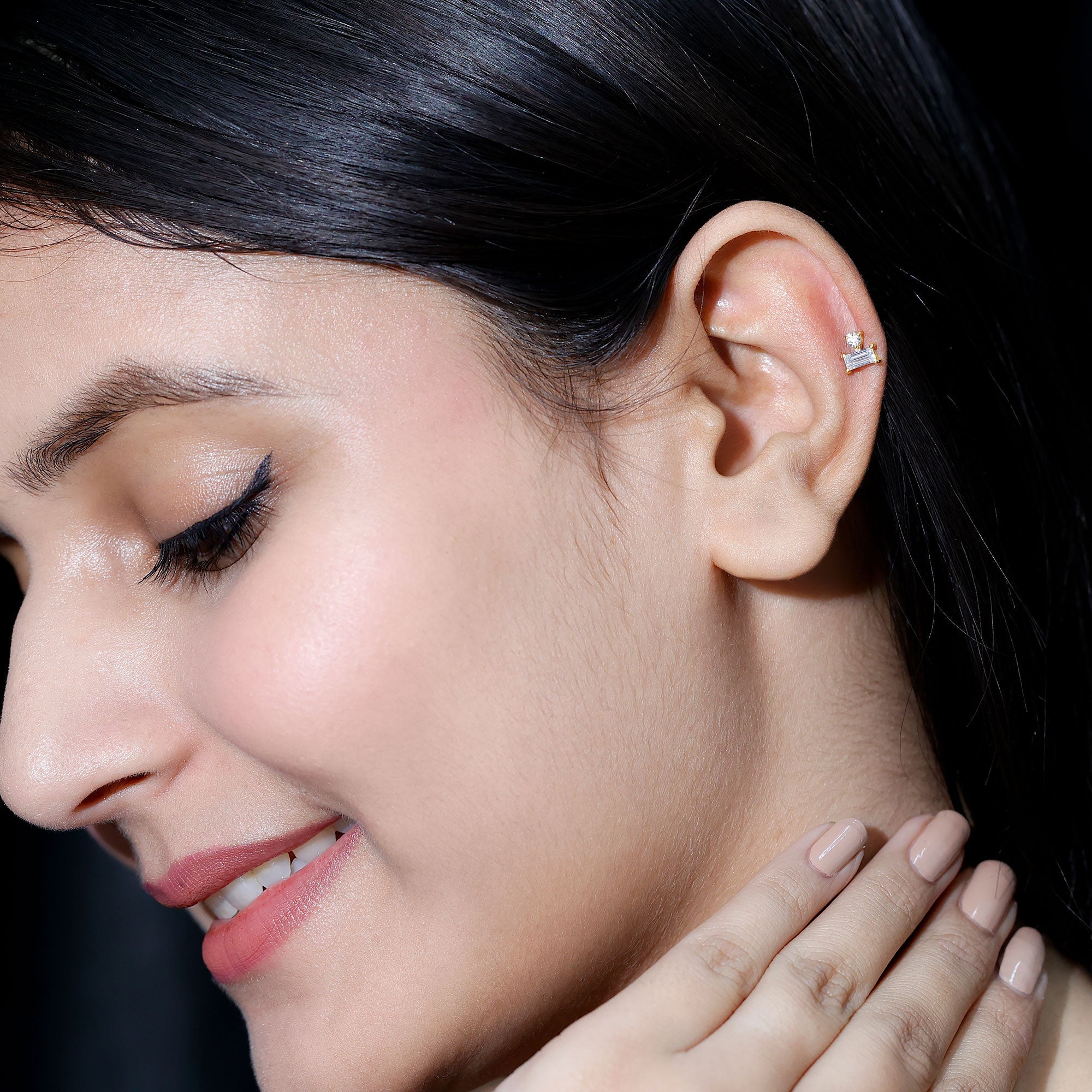 Baguette and Round Cut Moissanite Tragus Earring