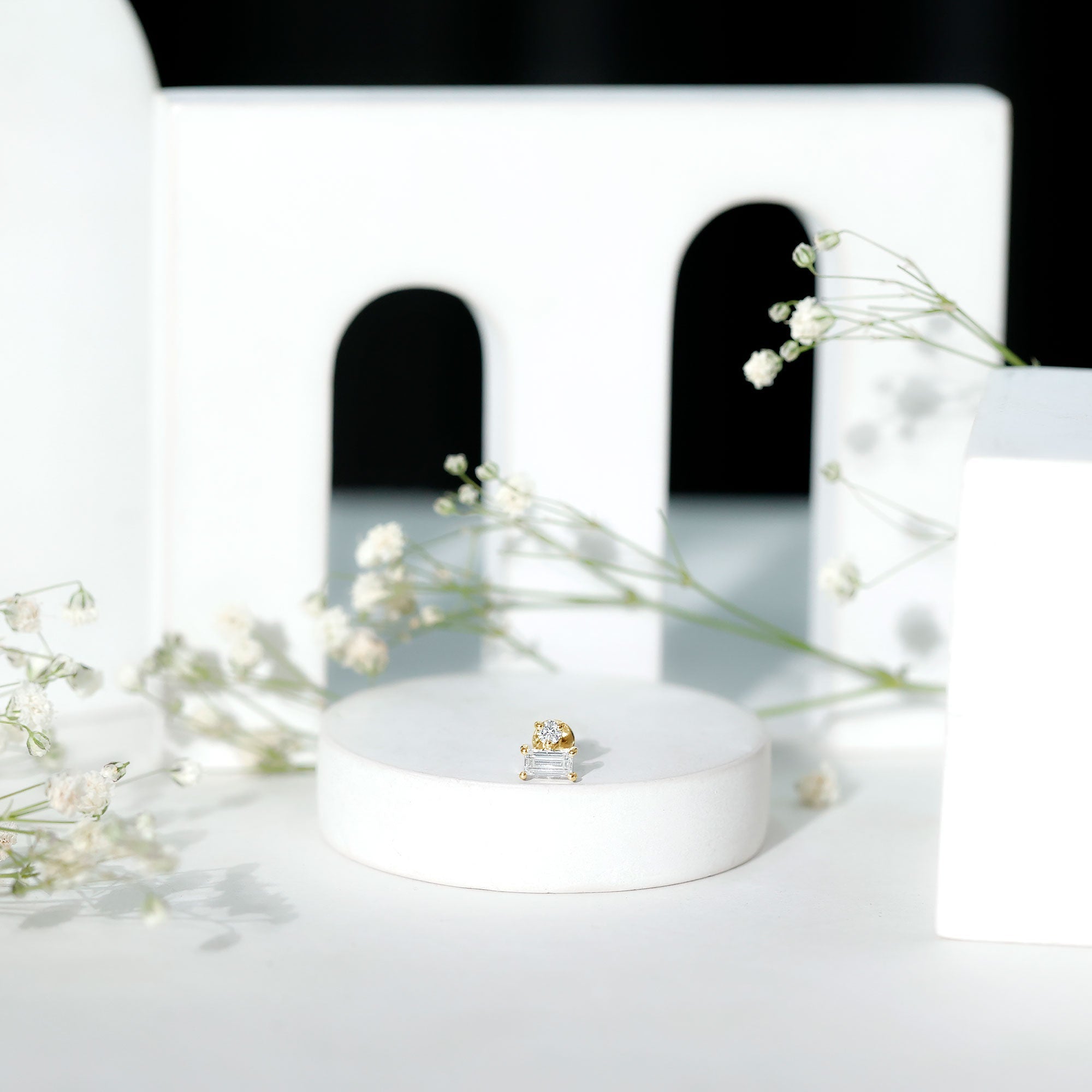 Baguette and Round Cut Moissanite Tragus Earring