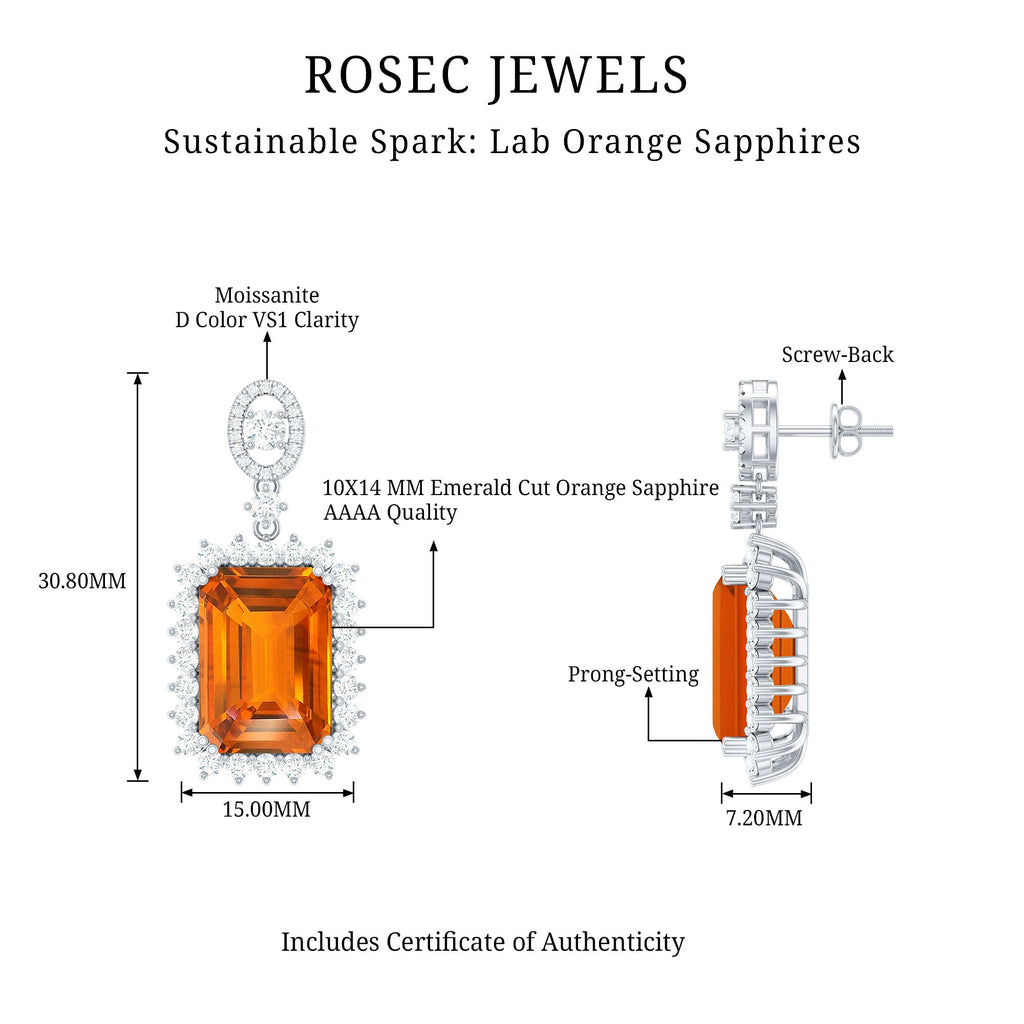 10X14 mm Lab Grown Orange Sapphire Statement Earrings in Silver