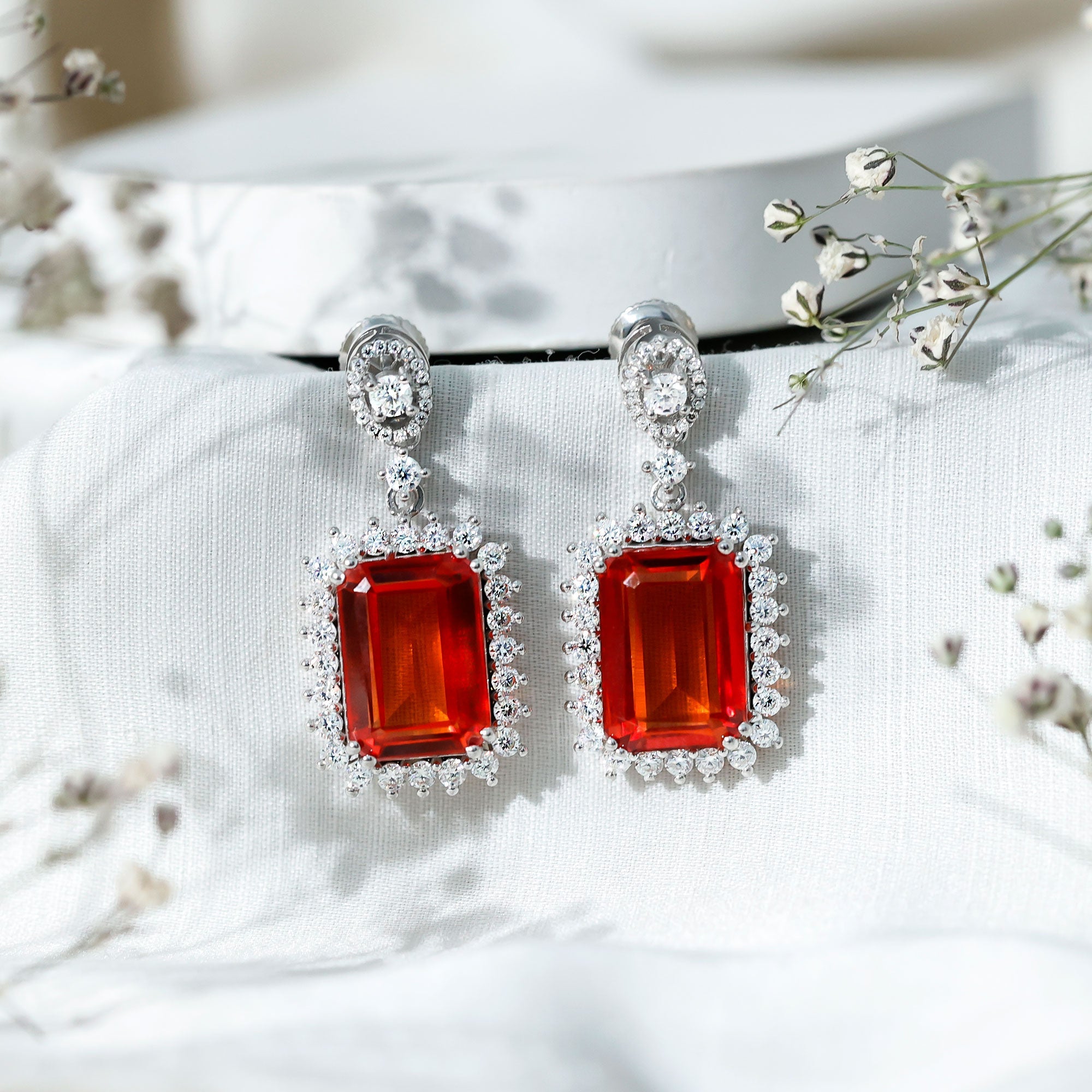 10X14 mm Lab Grown Orange Sapphire Statement Earrings in Silver