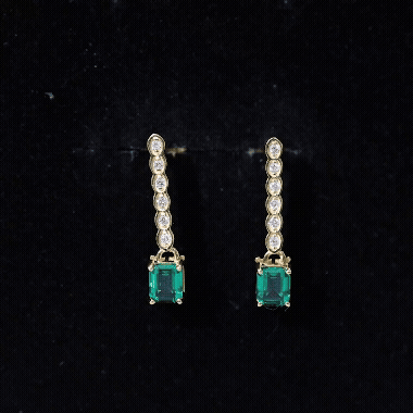 Antique Looking Lab Grown Emerald and Diamond Dangle Drop Earrings