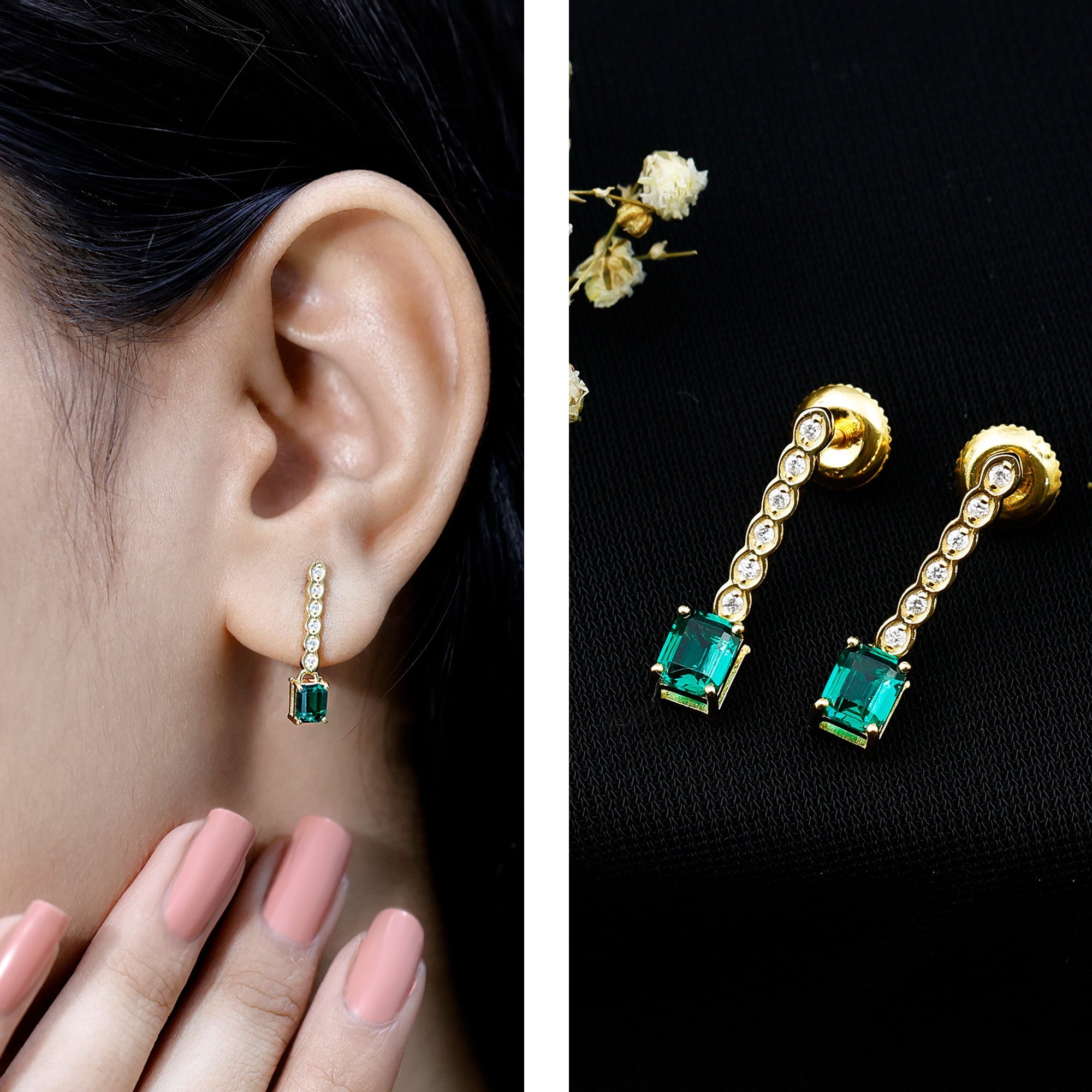 Antique Looking Lab Grown Emerald and Diamond Dangle Drop Earrings