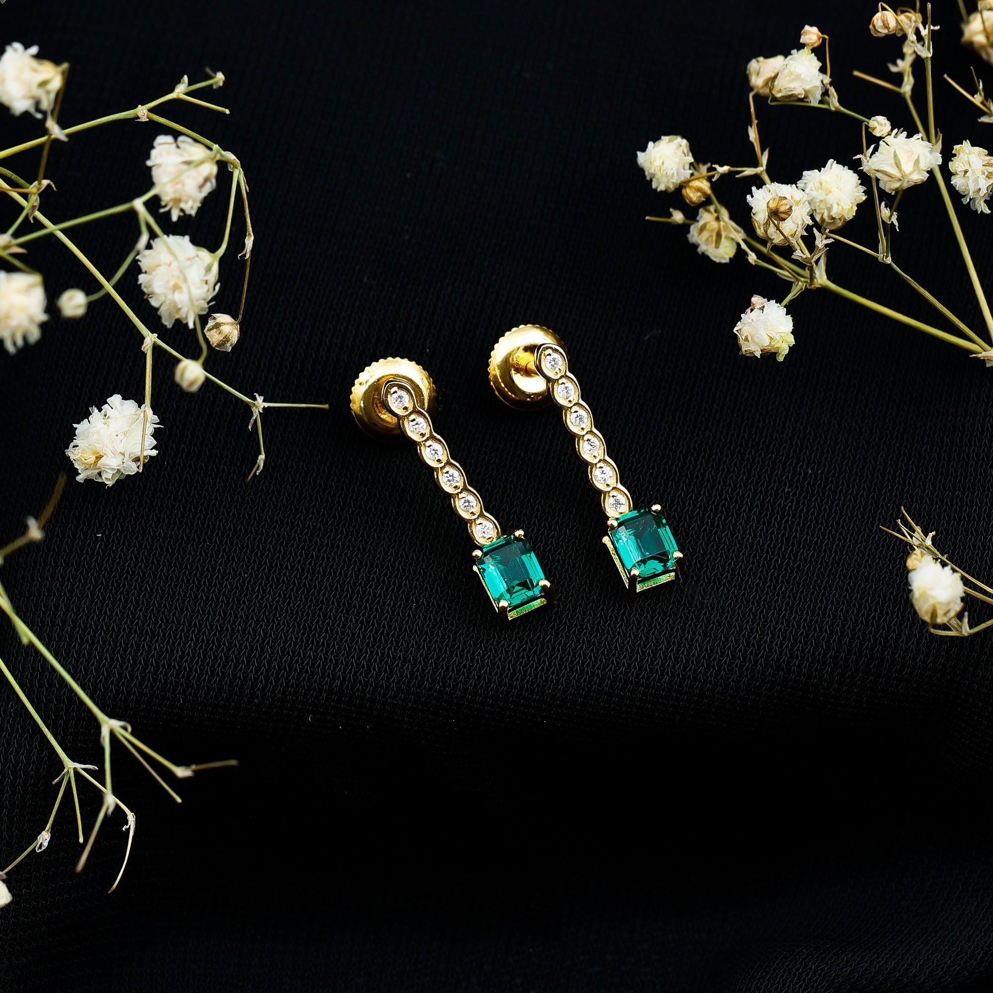 Antique Looking Lab Grown Emerald and Diamond Dangle Drop Earrings