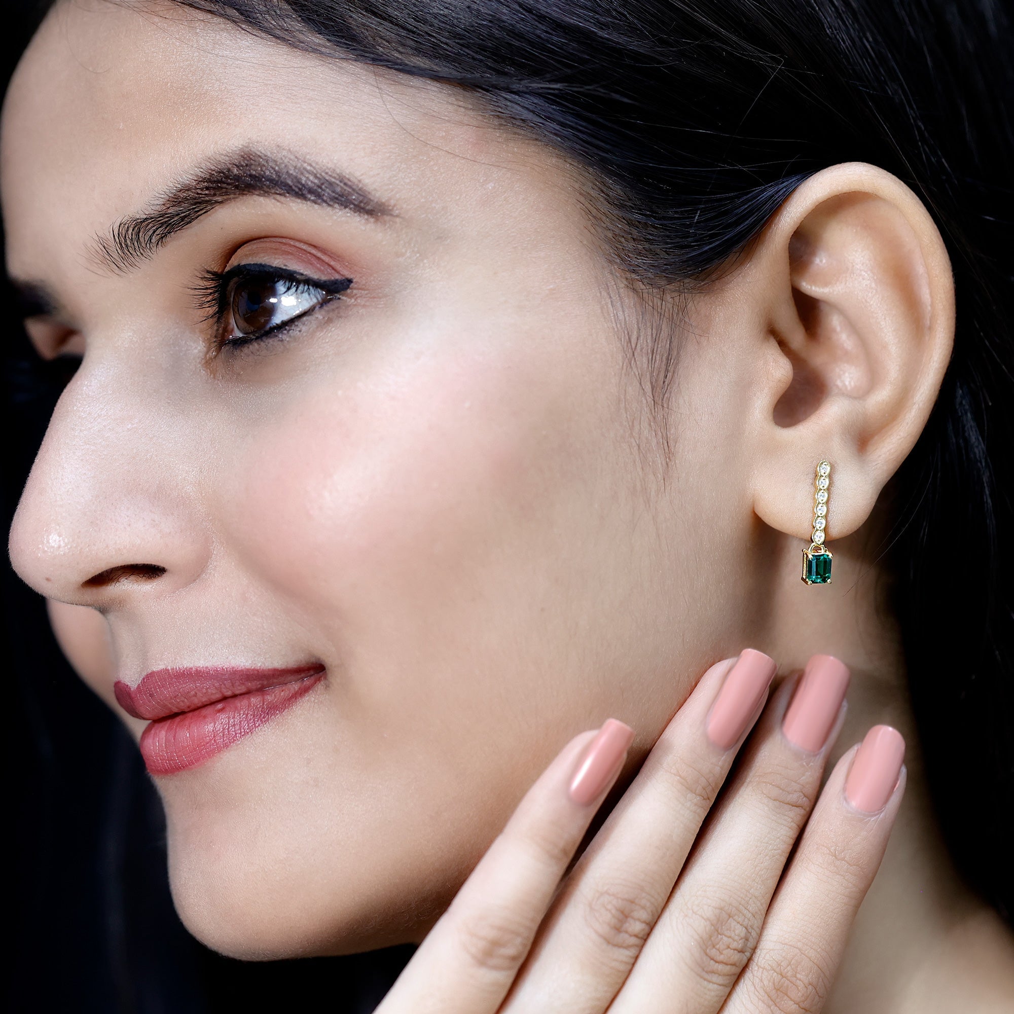 Antique Looking Lab Grown Emerald and Diamond Dangle Drop Earrings