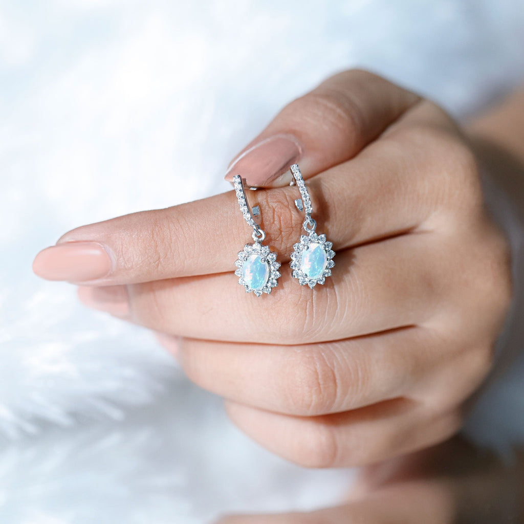 5X7 MM Oval Rainbow Opal Drop Earrings with Moissanite Halo