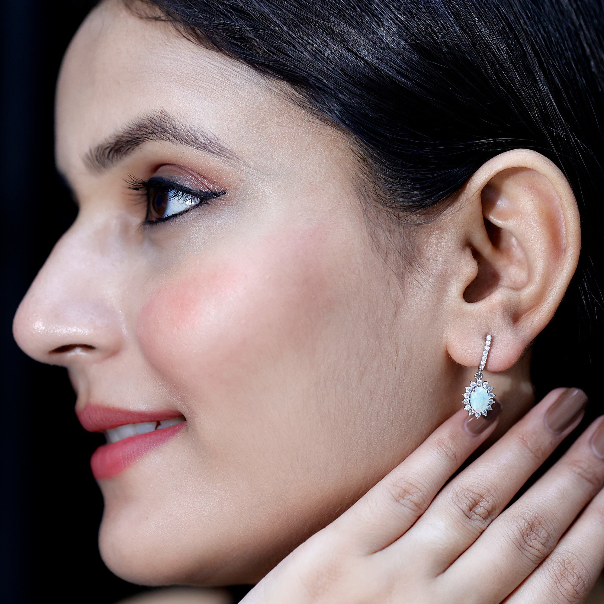 5X7 MM Oval Rainbow Opal Drop Earrings with Moissanite Halo