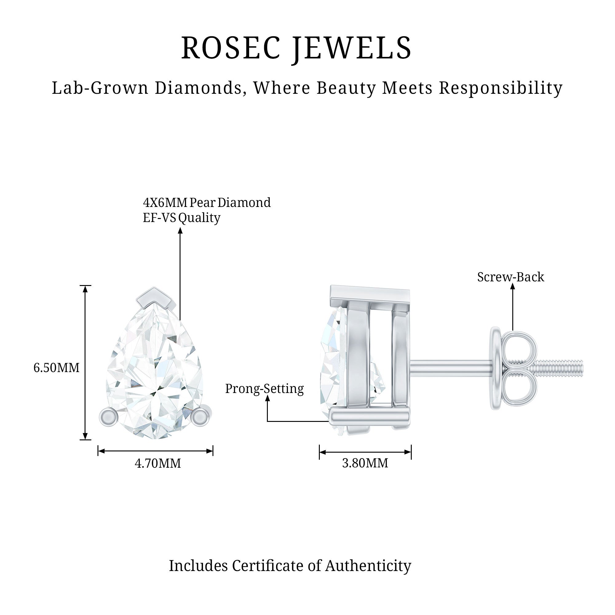 4X6MM Pear Lab Grown Diamond Stud Earrings in 14K Gold Plated Silver