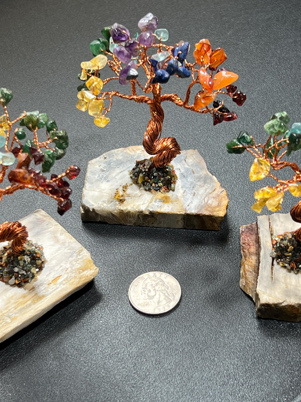 Gemstone Crystal Bonsai Tree (7-Stones)(Petrified Wood Base Carving) Wholesale